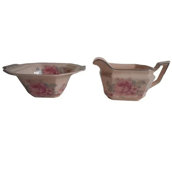 Alice Annglow 1931 Vtg Shabby Cottage Chic rose floral Creamer & Sugar Bowl - Picture 1 of 12